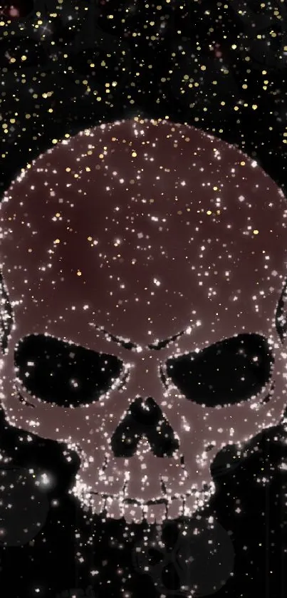 Sparkling skull design on a dark mobile wallpaper.