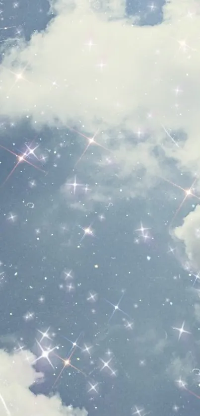 Dreamy sky wallpaper with clouds and sparkling stars.