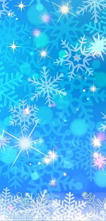 Snowflake mobile wallpaper with blue background and sparkling effect.