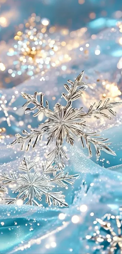 A sparkling snowflake on icy blue background with glittering effects.