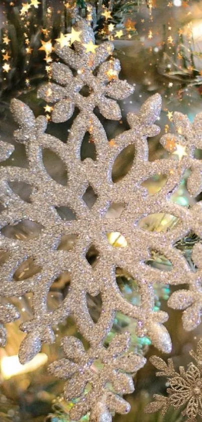 A shimmering snowflake on a festive holiday background.