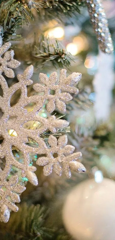 Close-up of a glittery silver snowflake ornament on a holiday tree.