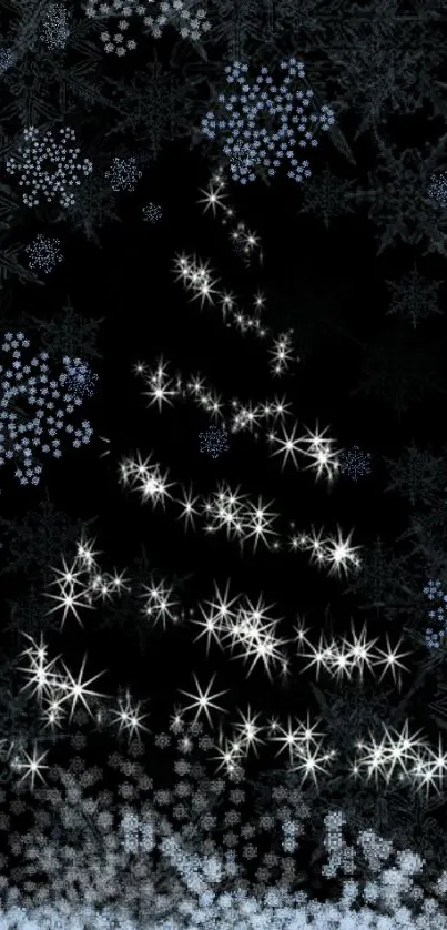 Twinkling snowflakes forming a glowing Christmas tree on a dark background.