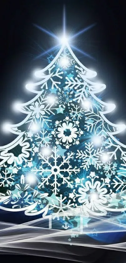 Glowing Christmas tree made of snowflakes on dark background.