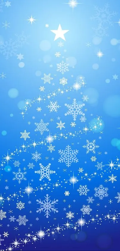 Festive blue wallpaper with snowflake tree and glowing stars.