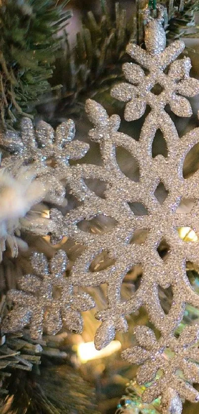 Intricate silver snowflake ornament on a festive background.