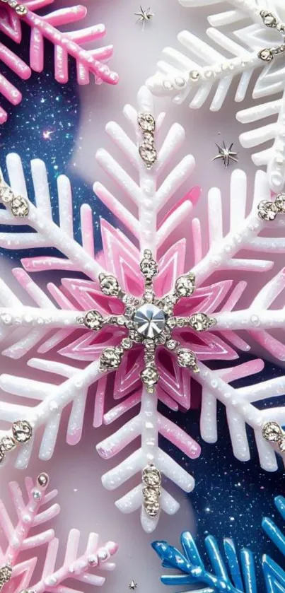 Sparkling pink, white, and blue snowflake wallpaper