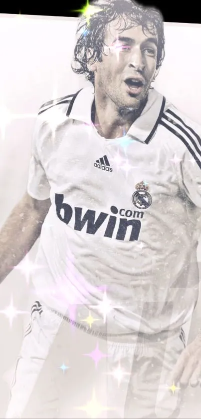 Soccer player in white jersey with sparkling effects.