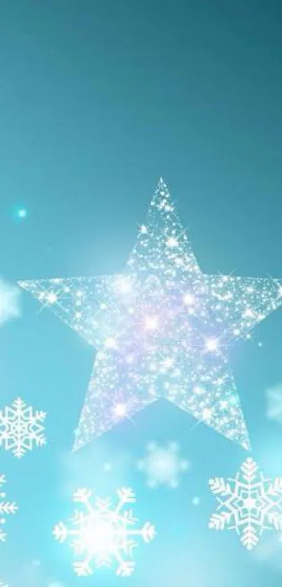 Star and snowflakes on a blue background mobile wallpaper.