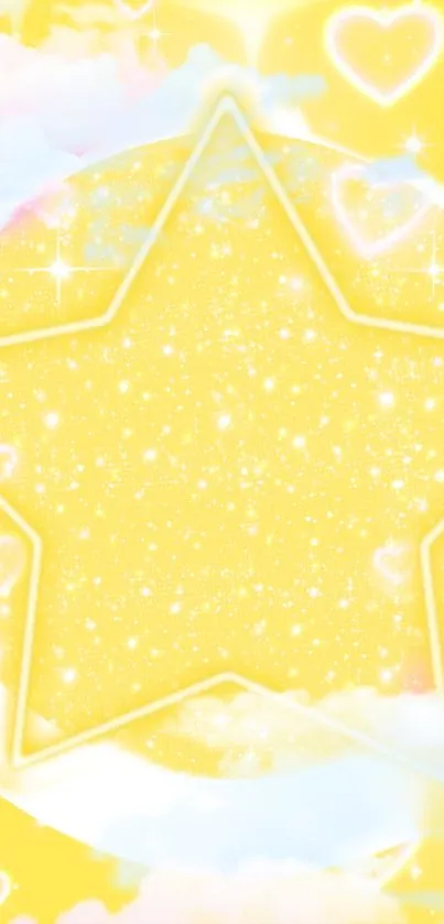 Sparkling yellow star wallpaper with heart and glitter accents.