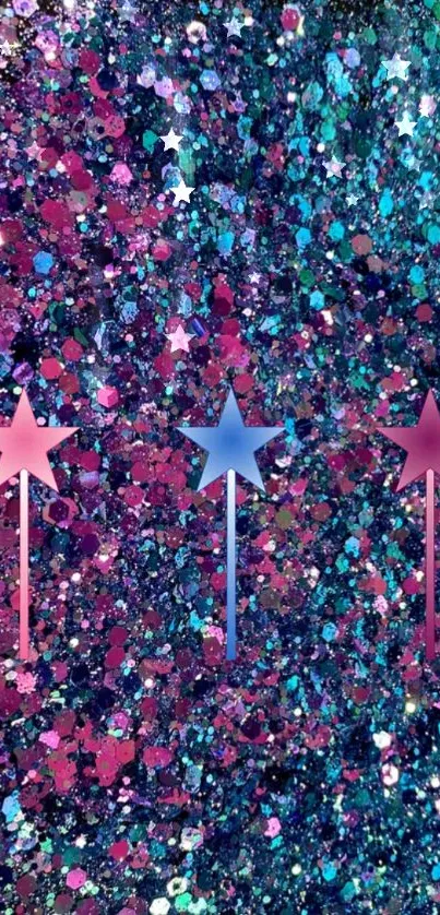 Colorful starry glitter wallpaper with pink, blue, and purple sparkling stars.