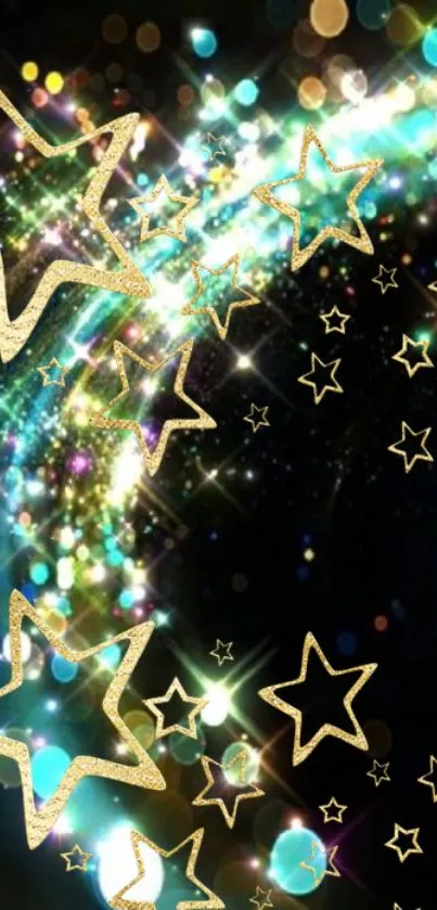 Glittering golden stars on a colorful night sky mobile wallpaper.