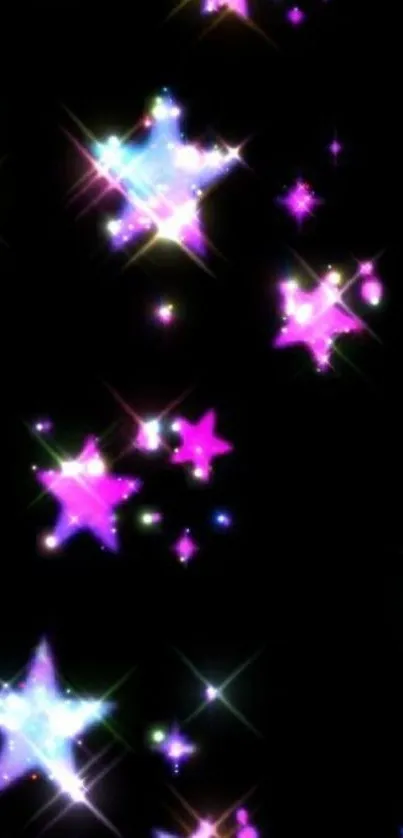 Vibrant wallpaper with glowing neon stars on a dark background.