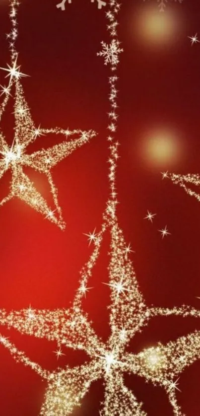 Festive mobile wallpaper with red background and sparkling stars.