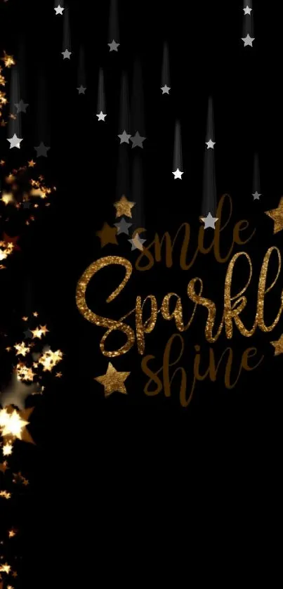 Black wallpaper with gold stars and 'Smile, Sparkle, Shine' text.