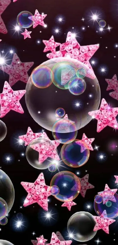 Mobile wallpaper with pink stars and bubbles on a dark background.