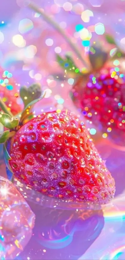 Sparkling strawberries with pastel hues and glittering effects.