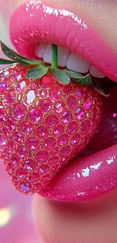 Glossy pink lips with a bedazzled strawberry art piece.