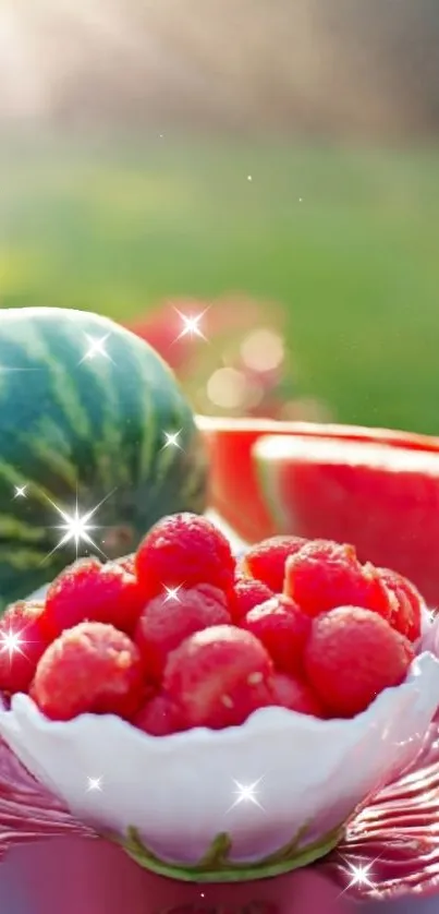 Sparkling summer fruit wallpaper with watermelon and raspberries in a bowl.