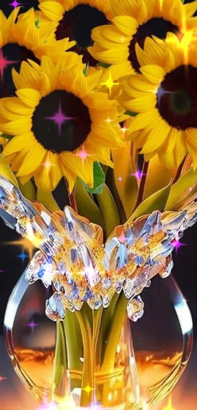 Vibrant sunflower bouquet in a crystal vase with sparkling effects.