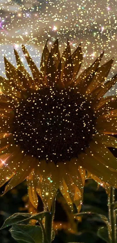 A sparkling sunflower silhouetted against a starry night sky with magical sparkles.