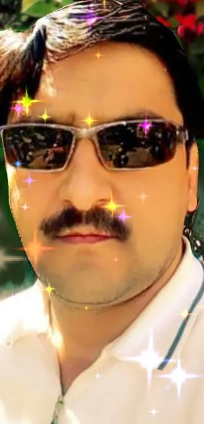 Portrait of a man with sunglasses and a sparkling effect.
