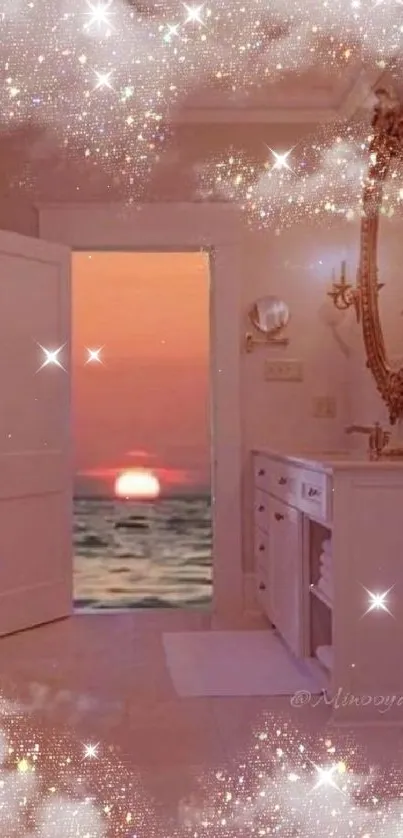 Bathroom with sparkling effect opens to a sunset ocean view.