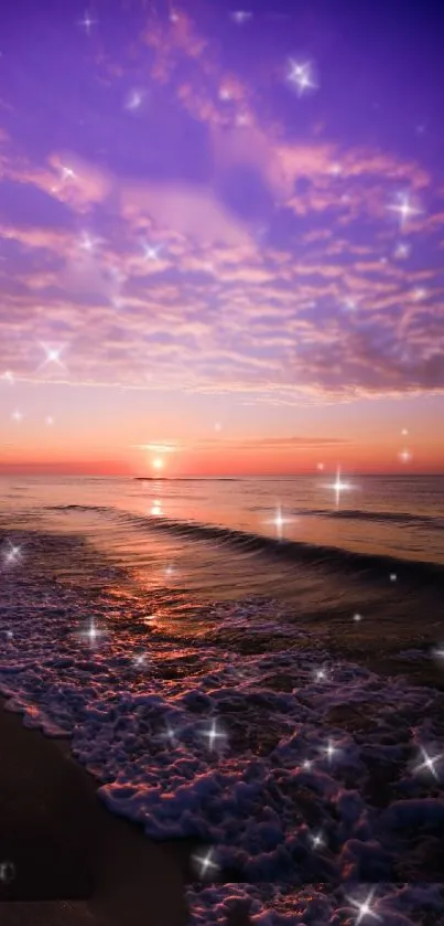 A vibrant purple sunset over a sparkling beach with gentle waves.