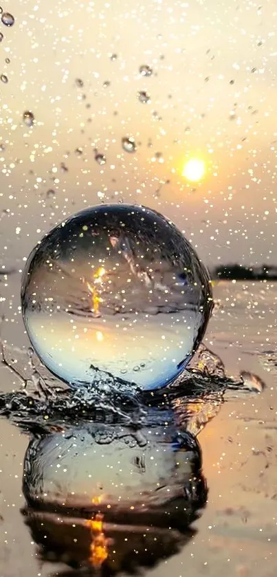 Sparkling water droplet with sunset reflection on calm water.