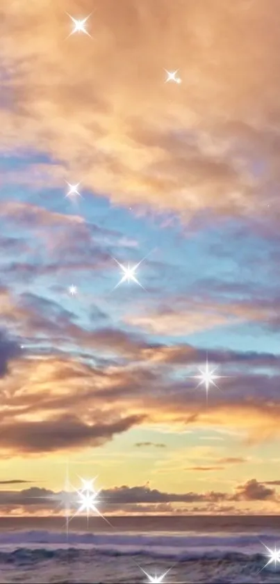 Sparkling sunset sky with stars and clouds over ocean horizon.