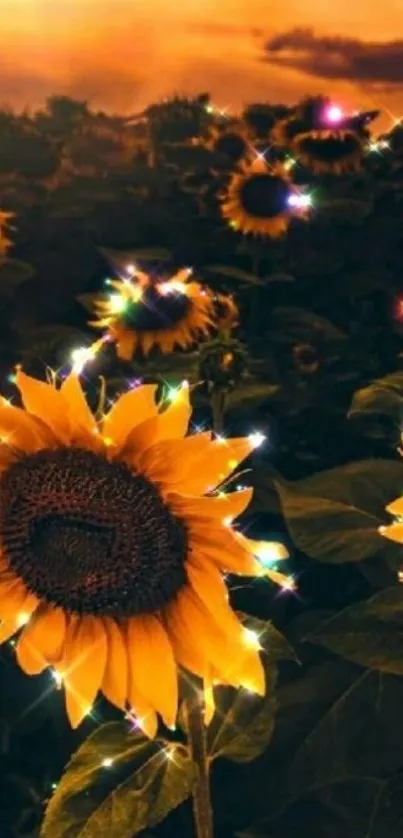 Bright sunflowers glowing under a sparkling sunset.