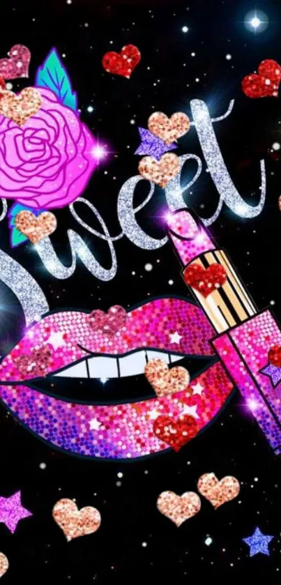 Colorful wallpaper with glitter lips, hearts, and 'Sweet' text on a dark background.