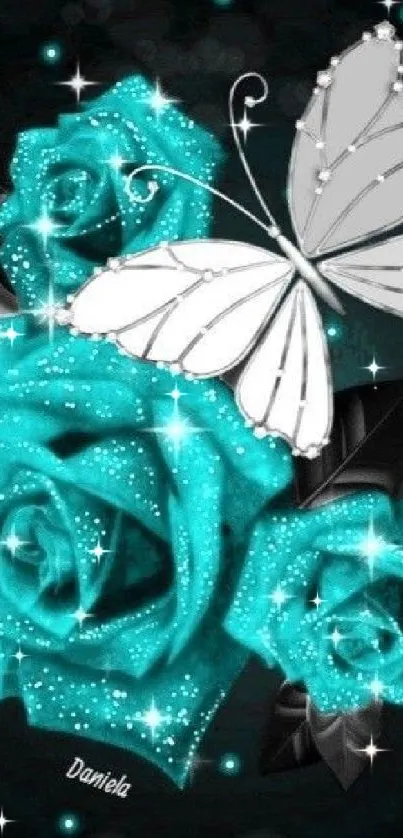 Teal roses and a silver butterfly sparkle on a dark background.