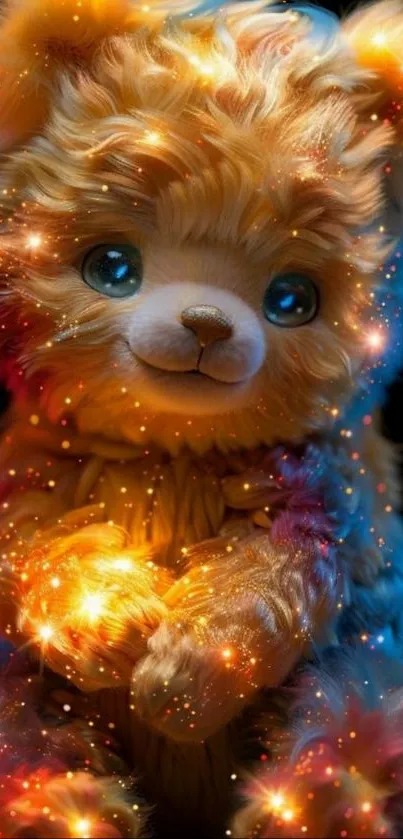 Sparkling teddy bear with glowing lights on a dark background.