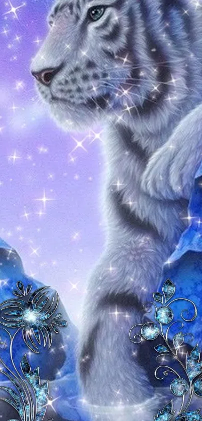 Majestic white tiger with sparkling blue mystical background.