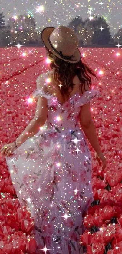 Woman in a floral dress walking through a sparkling pink tulip field.