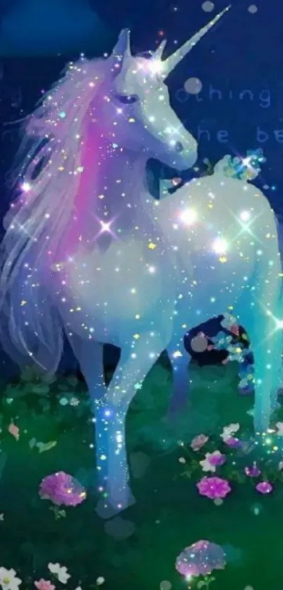 A colorful unicorn with sparkling stars in a night garden scene.