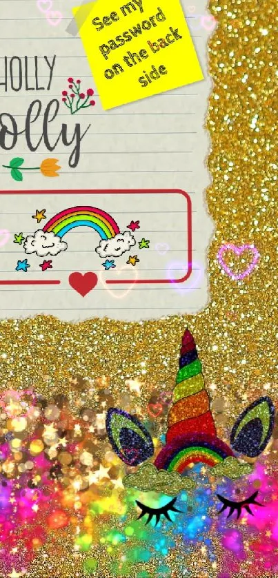 Golden glitter wallpaper featuring colorful unicorn and rainbows.