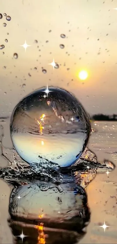 Glistening water droplet reflecting sunset with sparkles around.