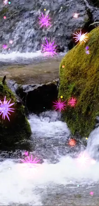 A vibrant waterfall with pink and purple starbursts.