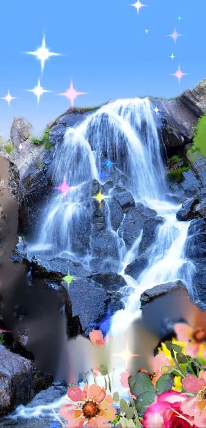 Magical waterfall with sparkles and bright flowers.