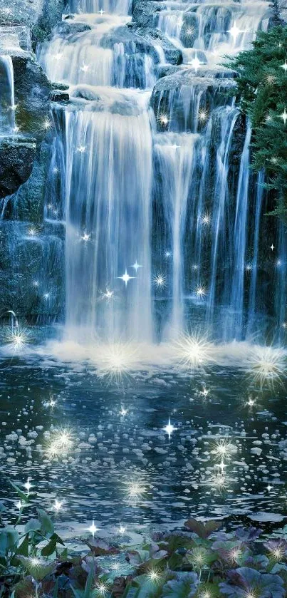 Calming blue waterfall with sparkles and lush greenery.