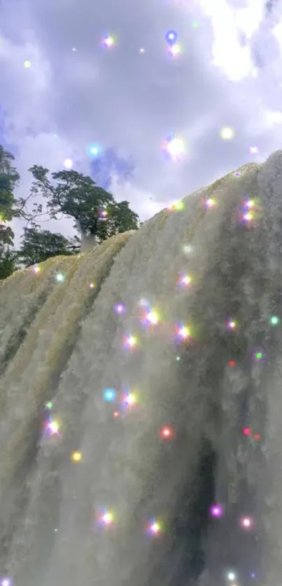 Waterfall with sparkling lights under a blue sky.