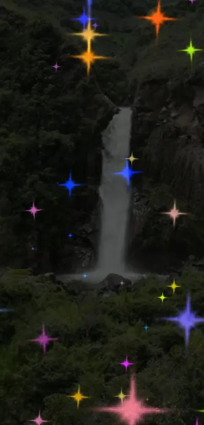 Mobile wallpaper featuring a waterfall with colorful sparkling stars.