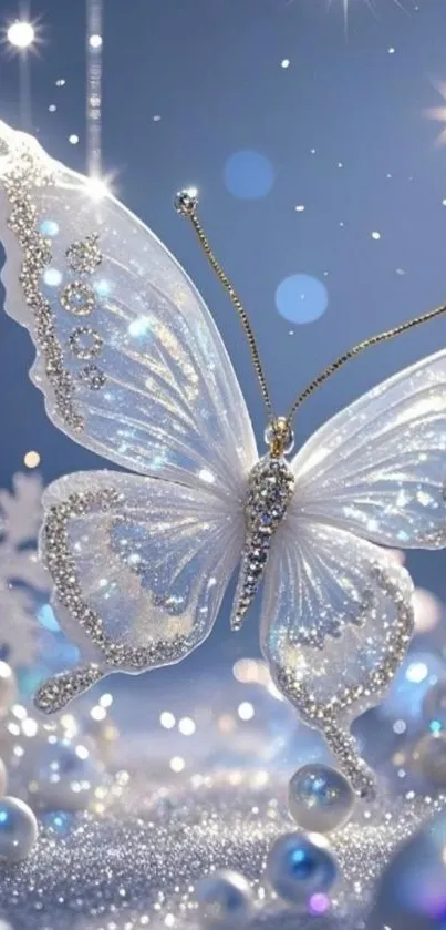 Elegant butterfly amidst sparkling winter scenery.