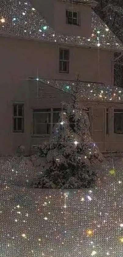 Snow-covered house with sparkling night sky wallpaper.