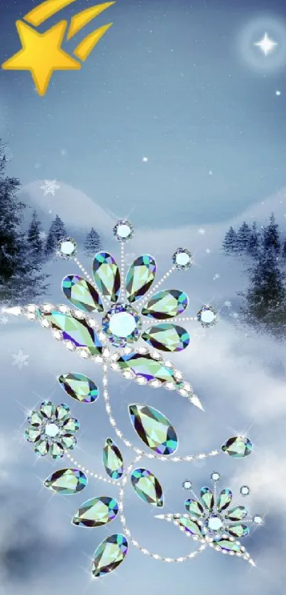 Sparkling gemstone flowers under a starry winter night with full moon and trees.