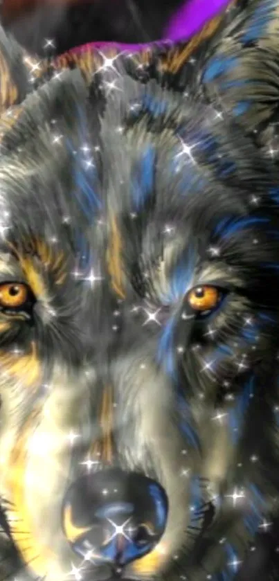 Enchanting wolf with sparkling fur and glowing eyes on a vibrant wallpaper.