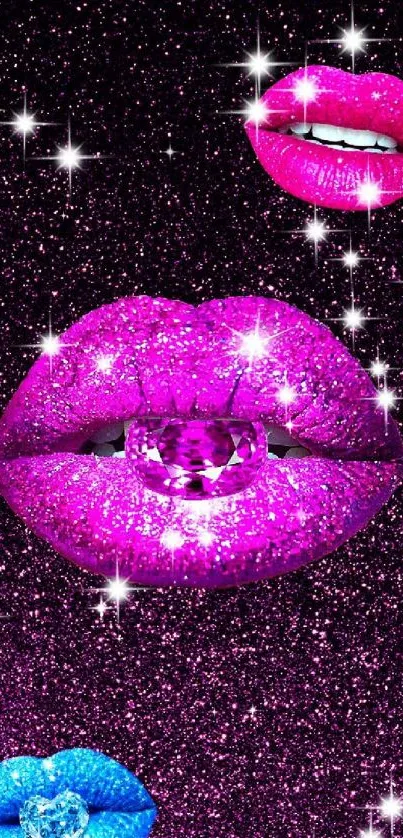 Glittery pink and blue lips wallpaper with sparkling accents.