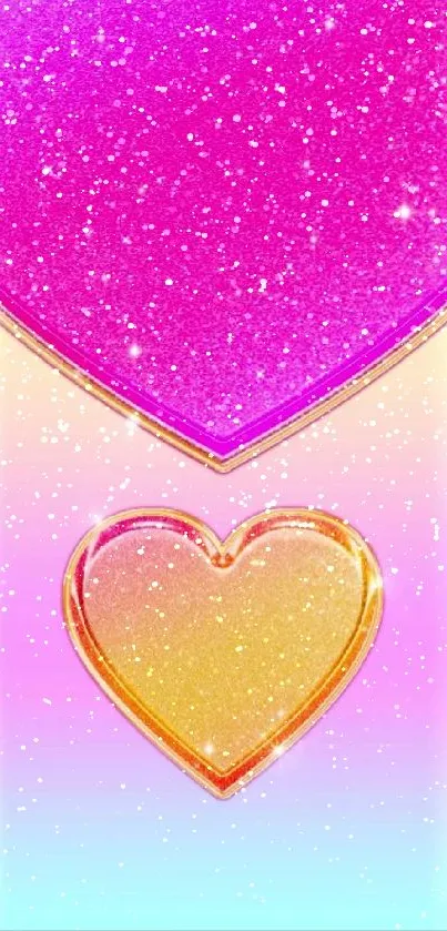 Sparkly pink and gold heart mobile wallpaper with gradient background.